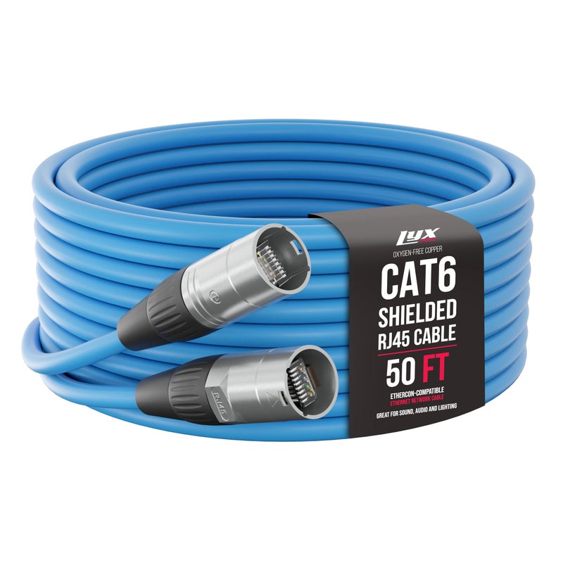 LyxPro 50 Feet Shielded CAT6 Ethercon Cable - Professional Audio & Lighting RJ45 Cable, Studio-Grade Sound Transmission, Extreme Durability - Blue - Image 1